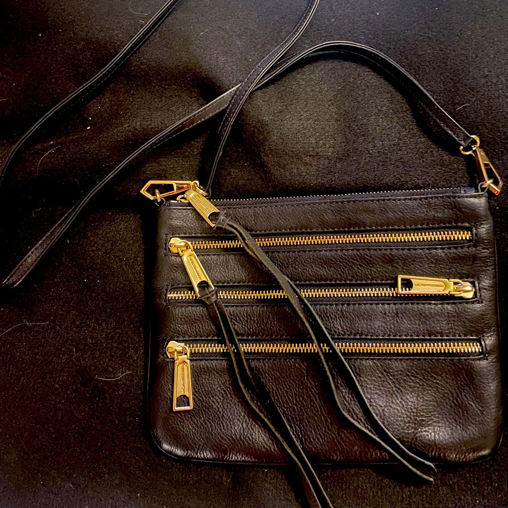 REBECCA MINKOFF 4– ZIPPER BLACK LEATHER CROSSBODY WITH LEATHER STRAP.